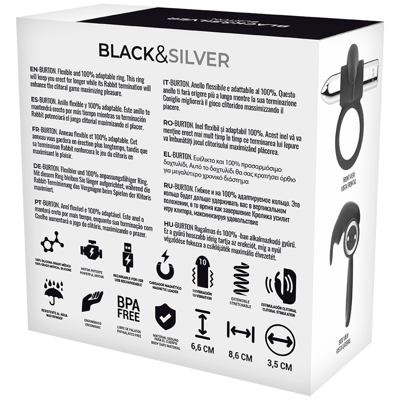 Black&silver-Burton Inel Reîncărcabil 10 Moduri — BLACK&SILVER · Inele & Mansoane Penis (imaginea 3)