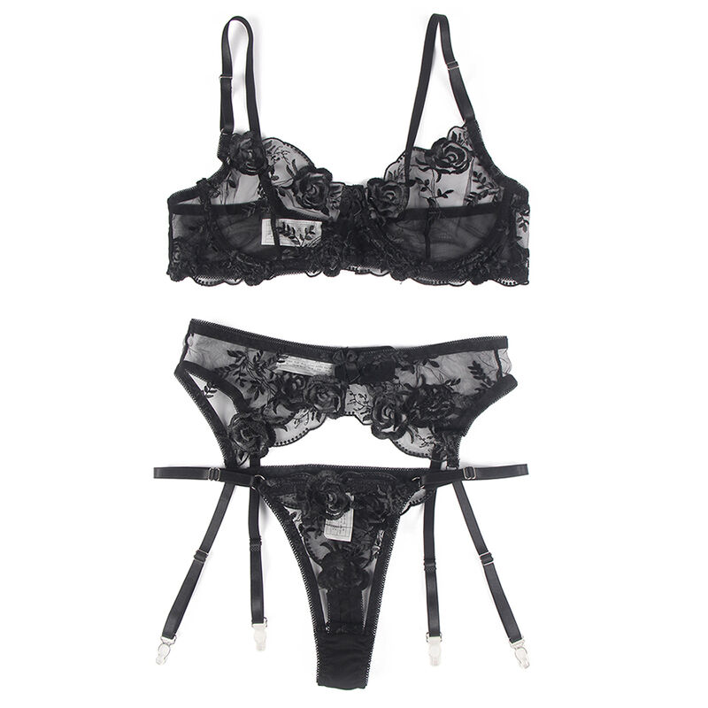 Subblime - Set de 3 Piese Sutien + Tanga + Jartieră cu Imprimeu Floral Negru /, S/M/L/XL 6 img 175751 e19637bfdc78b58ad669111fe29c2d2e 1