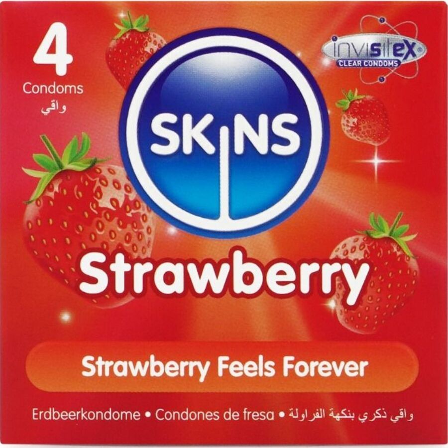 Skins-Pachet 4 Prezervative Premium cu Aromă de Căpșuni