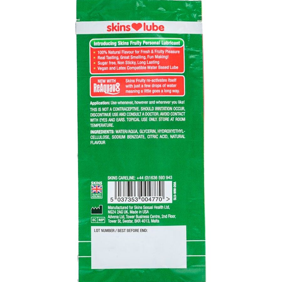 SKINS - Lubrifiant Fruity pe Bază de Apă Pepene Verde, Doză Unică 5 ml 2 img 217183 d983458d9bc1475417521842c587c6e5 1