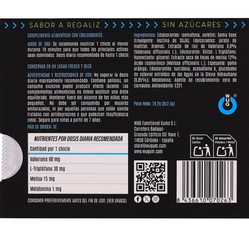 WUG - Off Gumă Funcțională cu Melatonină și Valeriană, Aromă Regaliz Blister 8 Uds 3 img 226510 71aeaa2ea93d0c04f7710e8523ebe528 1