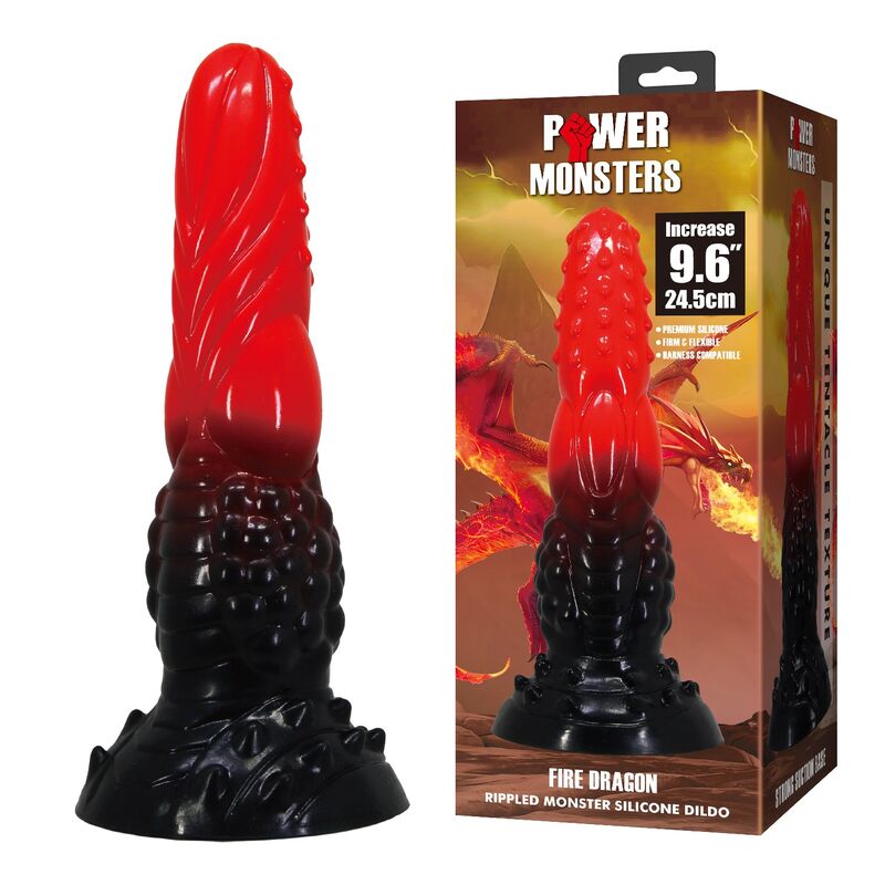 POWER MONSTERS - FIRE DRAGON FANTASY DILDO WITH SUCTION CUP 24.5 CM Ø 5.8 CM RED & BLACK · Dildo & Stimulatoare (imaginea 7)