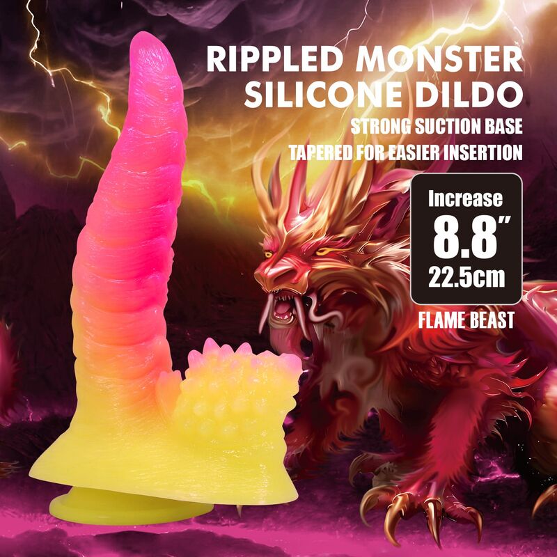 POWER MONSTERS - RIPPLIED MONSTER FANTASY DILDO WITH SUCTION CUP 22.5 CM Ø 5.5 CM PINK & YELLOW · Dildo & Stimulatoare (imaginea 4)