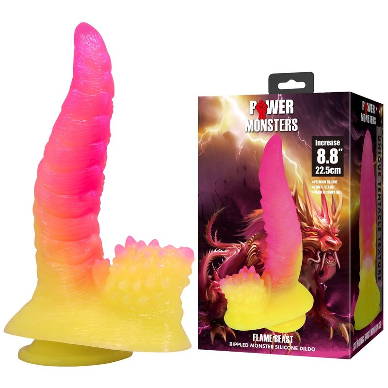 POWER MONSTERS - RIPPLIED MONSTER FANTASY DILDO WITH SUCTION CUP 22.5 CM Ø 5.5 CM PINK & YELLOW · Dildo & Stimulatoare (imaginea 3)