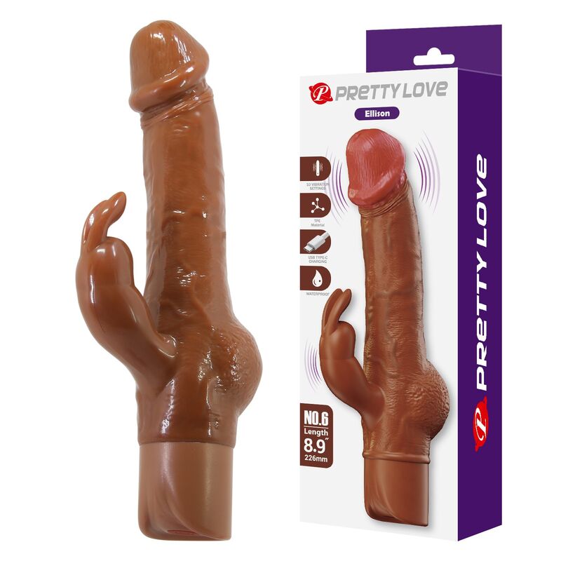 PRETTY LOVE - ELLISON REALISTIC RABBIT VIBRATOR 22.6 CM Ø 4.2 CM BROWN · Vibratoare
