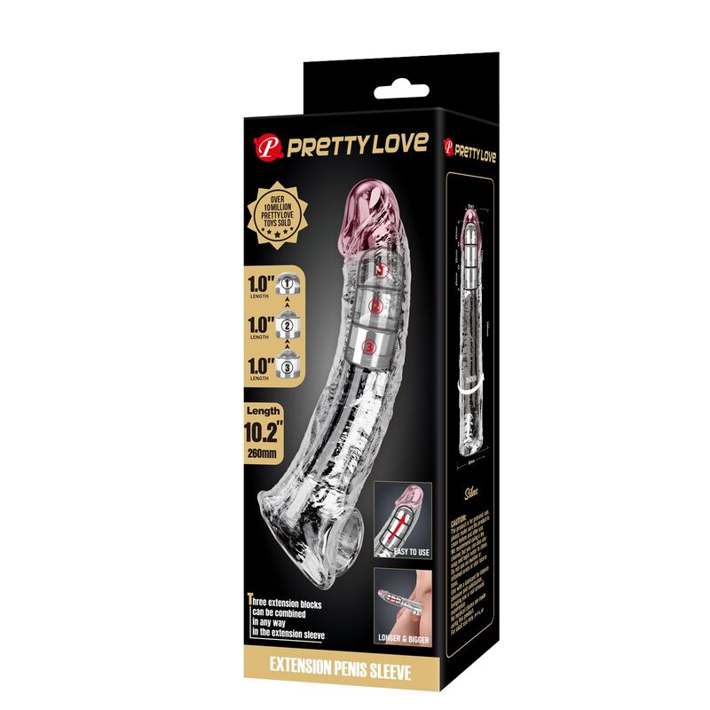 PRETTY LOVE - ADJUSTABLE PENIS EXTENSION SLEEVE 26 CM Ø 4 CM TRANSPARENT · Inele & Mansoane Penis (imaginea 9)