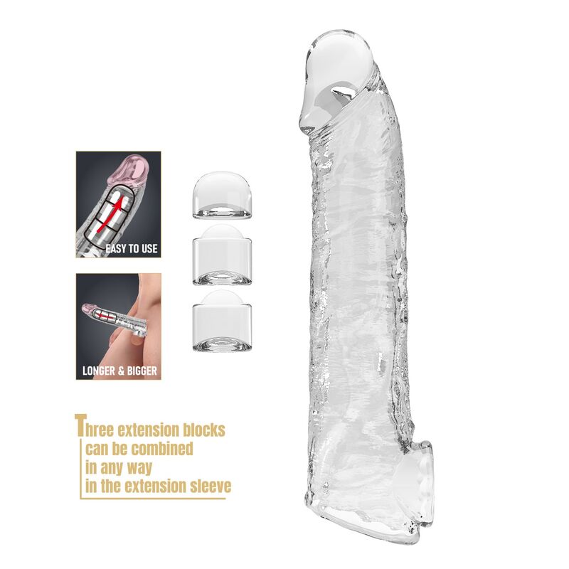 PRETTY LOVE - ADJUSTABLE PENIS EXTENSION SLEEVE 26 CM Ø 4 CM TRANSPARENT · Inele & Mansoane Penis (imaginea 8)