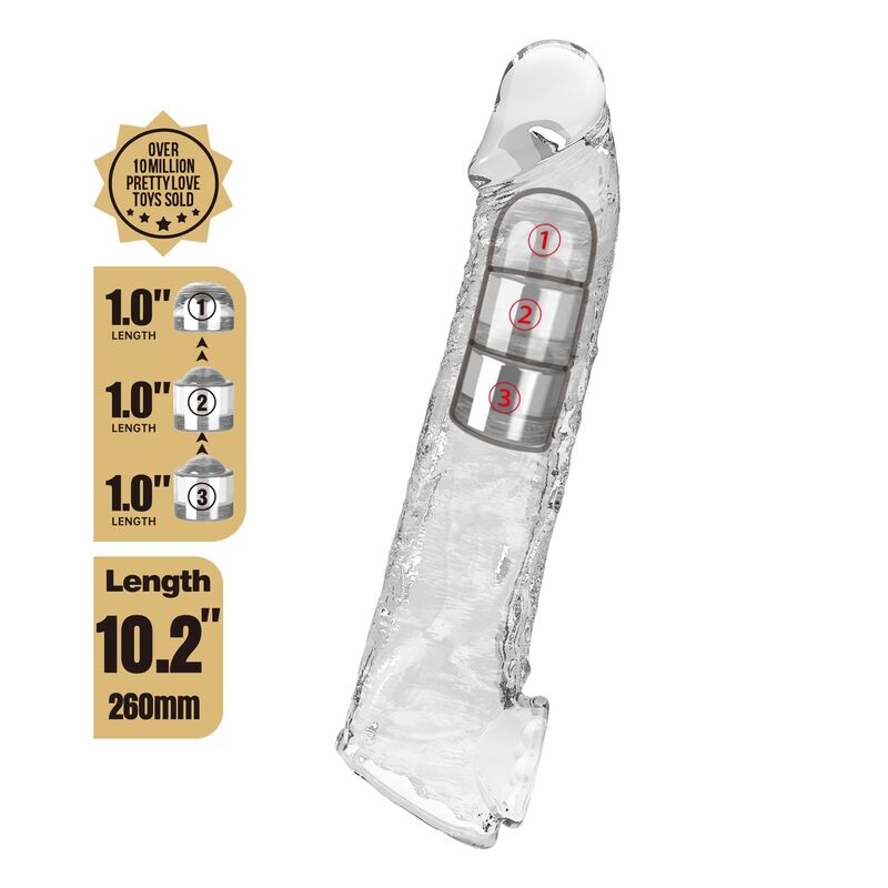 PRETTY LOVE - ADJUSTABLE PENIS EXTENSION SLEEVE 26 CM Ø 4 CM TRANSPARENT · Inele & Mansoane Penis (imaginea 4)