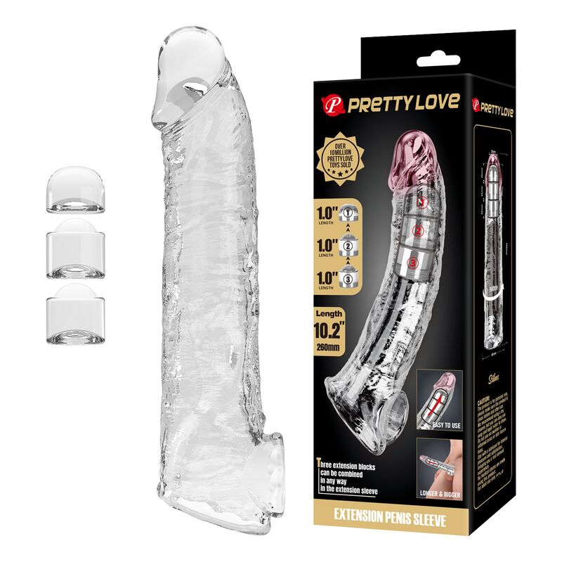 PRETTY LOVE - ADJUSTABLE PENIS EXTENSION SLEEVE 26 CM Ø 4 CM TRANSPARENT · Inele & Mansoane Penis
