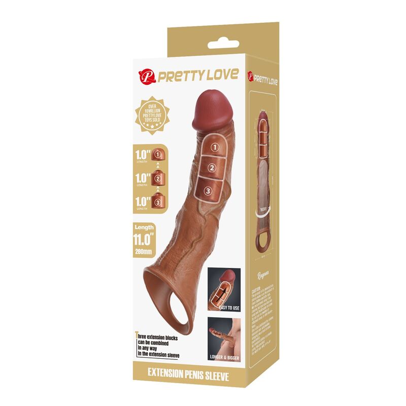 PRETTY LOVE - ADJUSTABLE PENIS EXTENSION SLEEVE 28 CM Ø 4.5 CM BROWN · Inele & Mansoane Penis (imaginea 6)