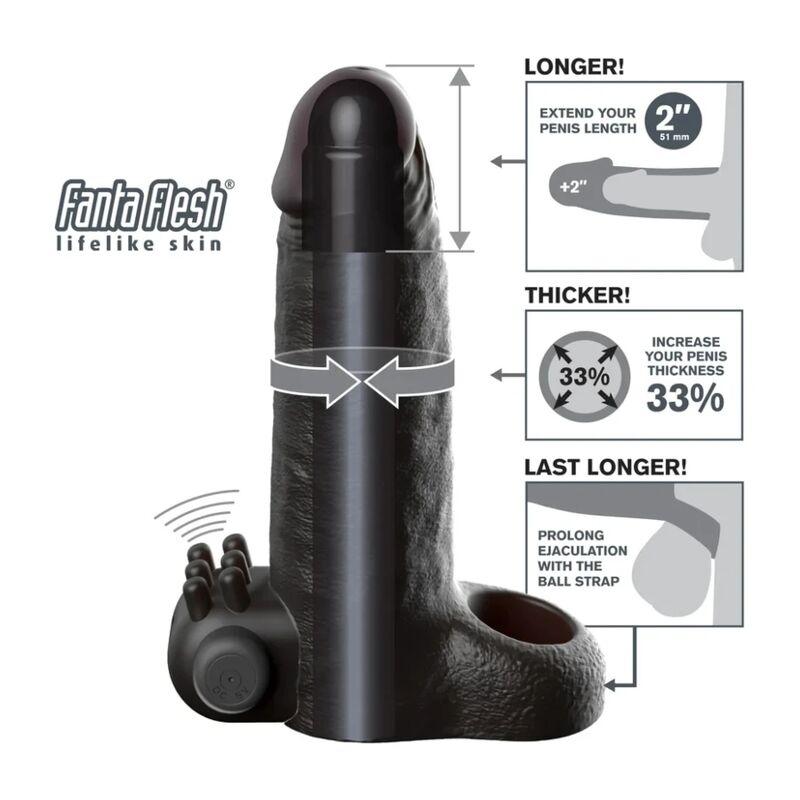Pipedreams-Fantasy X-Tensions Manșon Vibrator +5 cm Negru 5 FANTASY X-TENSIONS - VIBRATING REAL FEEL 5CM PENIS EXTENSION SLEEVE BLACK — PIPEDREAMS · Inele & Mansoane Penis (imaginea 5)