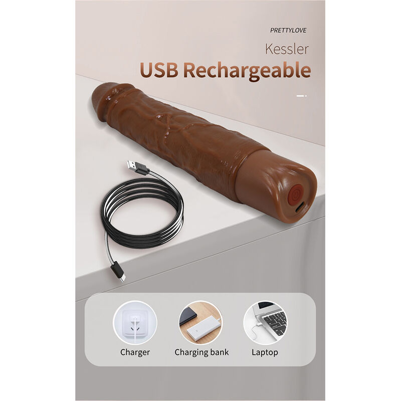 PRETTY LOVE - KESSLER REALISTIC VIBRATING DILDO WITH 10 VIBRATION MODES AND 10 THROWS, 22 CM, BROWN · Dildo & Stimulatoare (imaginea 6)