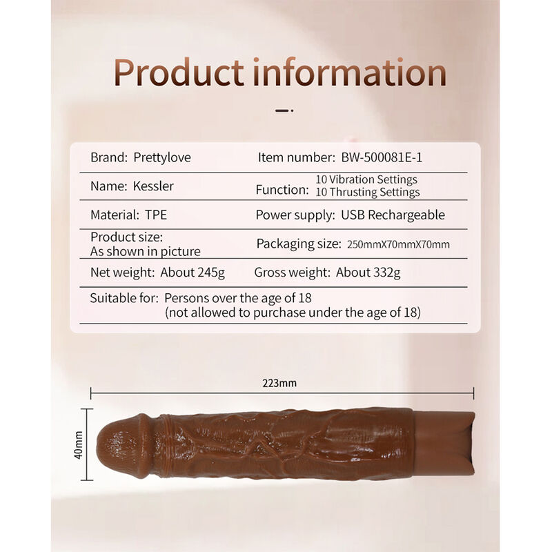 PRETTY LOVE - KESSLER REALISTIC VIBRATING DILDO WITH 10 VIBRATION MODES AND 10 THROWS, 22 CM, BROWN · Dildo & Stimulatoare (imaginea 10)